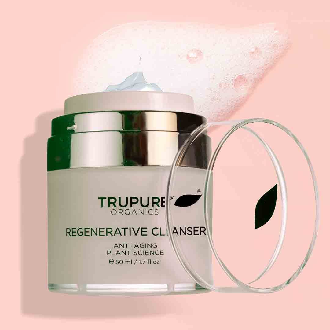 Regenerative Cleanser bottle on a pastel background