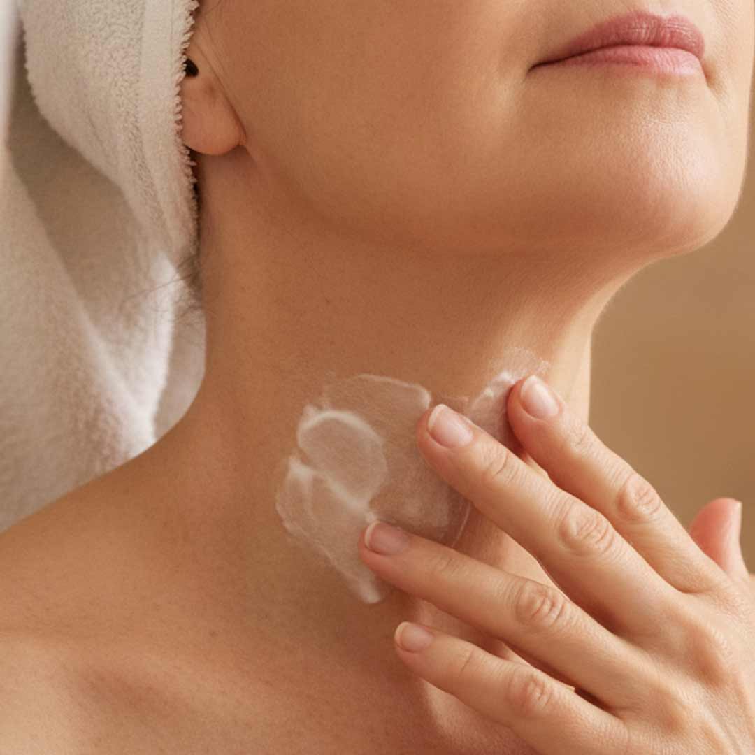 A woman applying cream to crepey skin on her neck