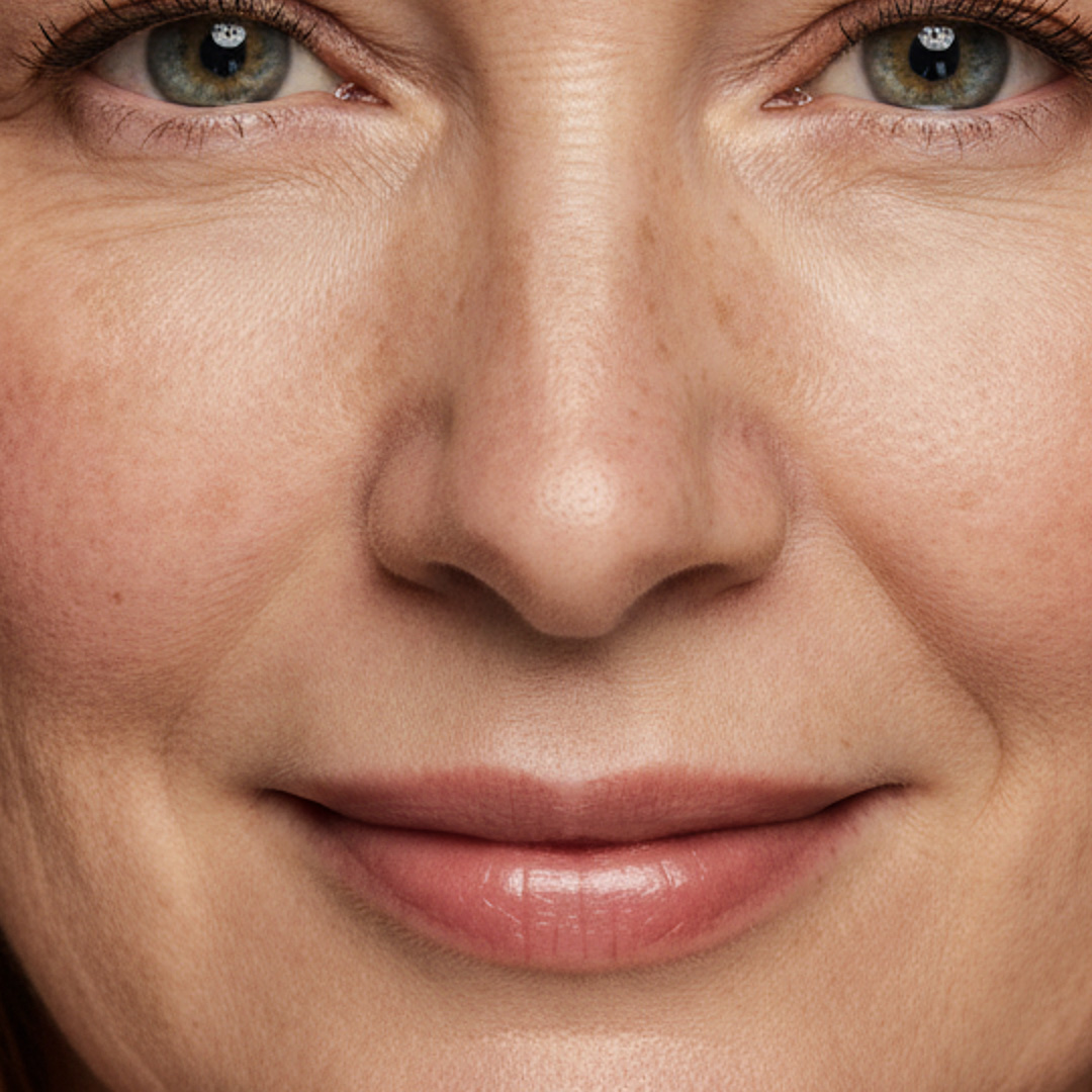 A woman with visible discoloration on her cheek