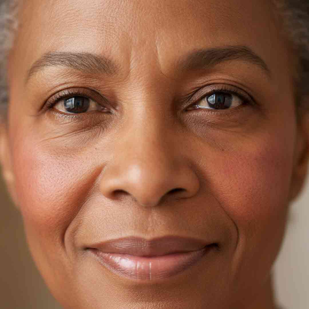 Close up of a woman with facial redness across her cheeks