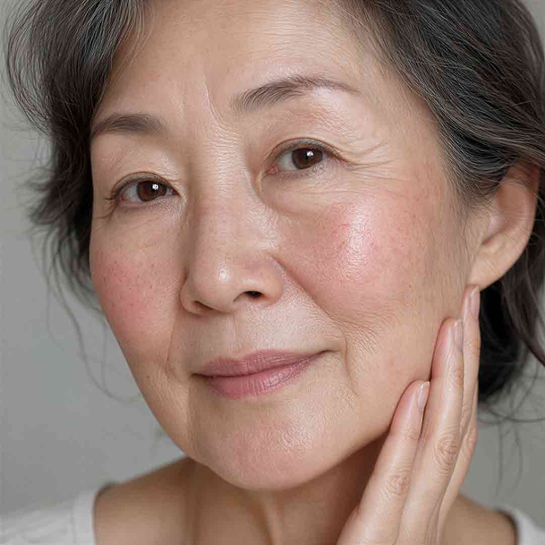 A woman with sensitive skin touching her cheek