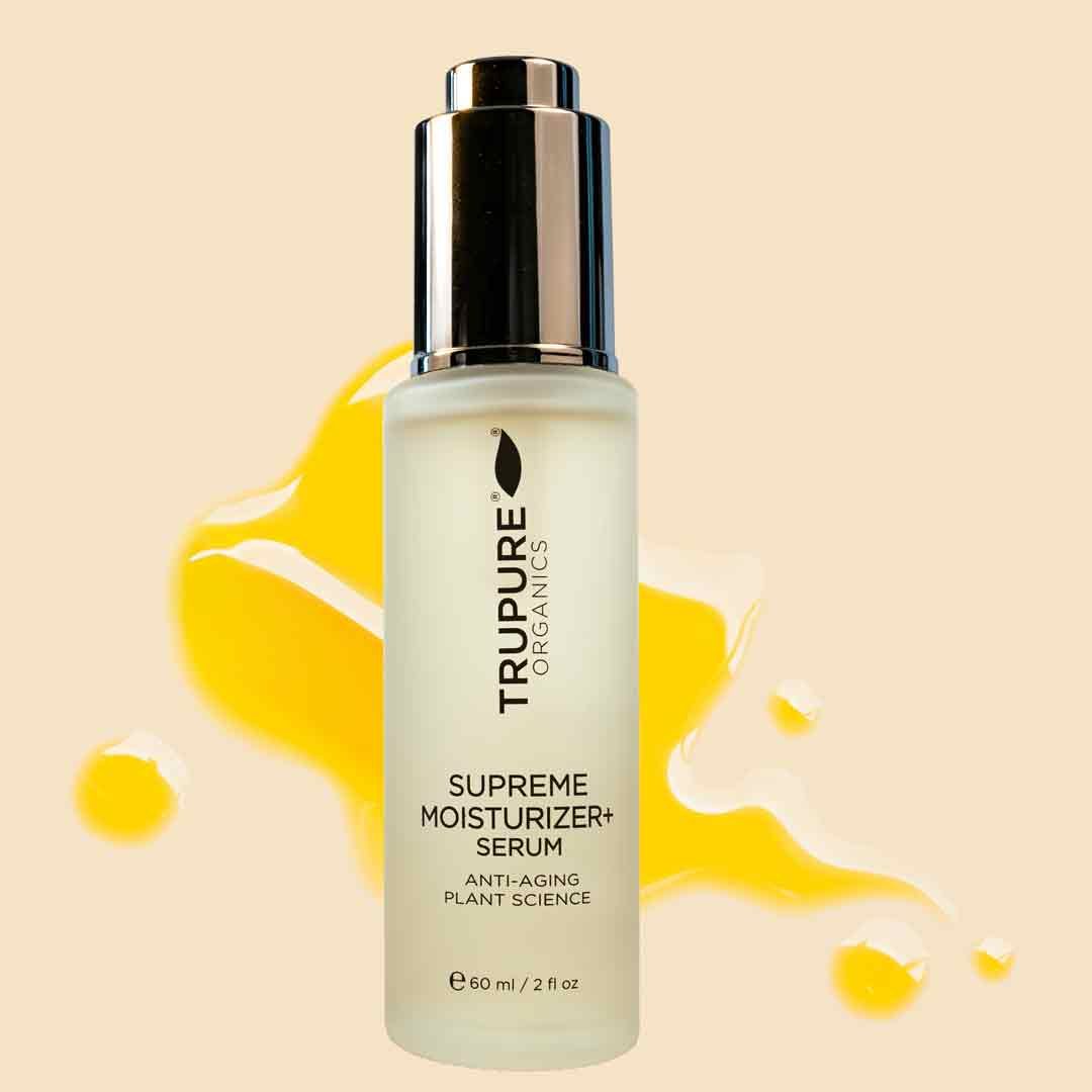 Supreme Moisturizer plus Serum bottle on a pastel background