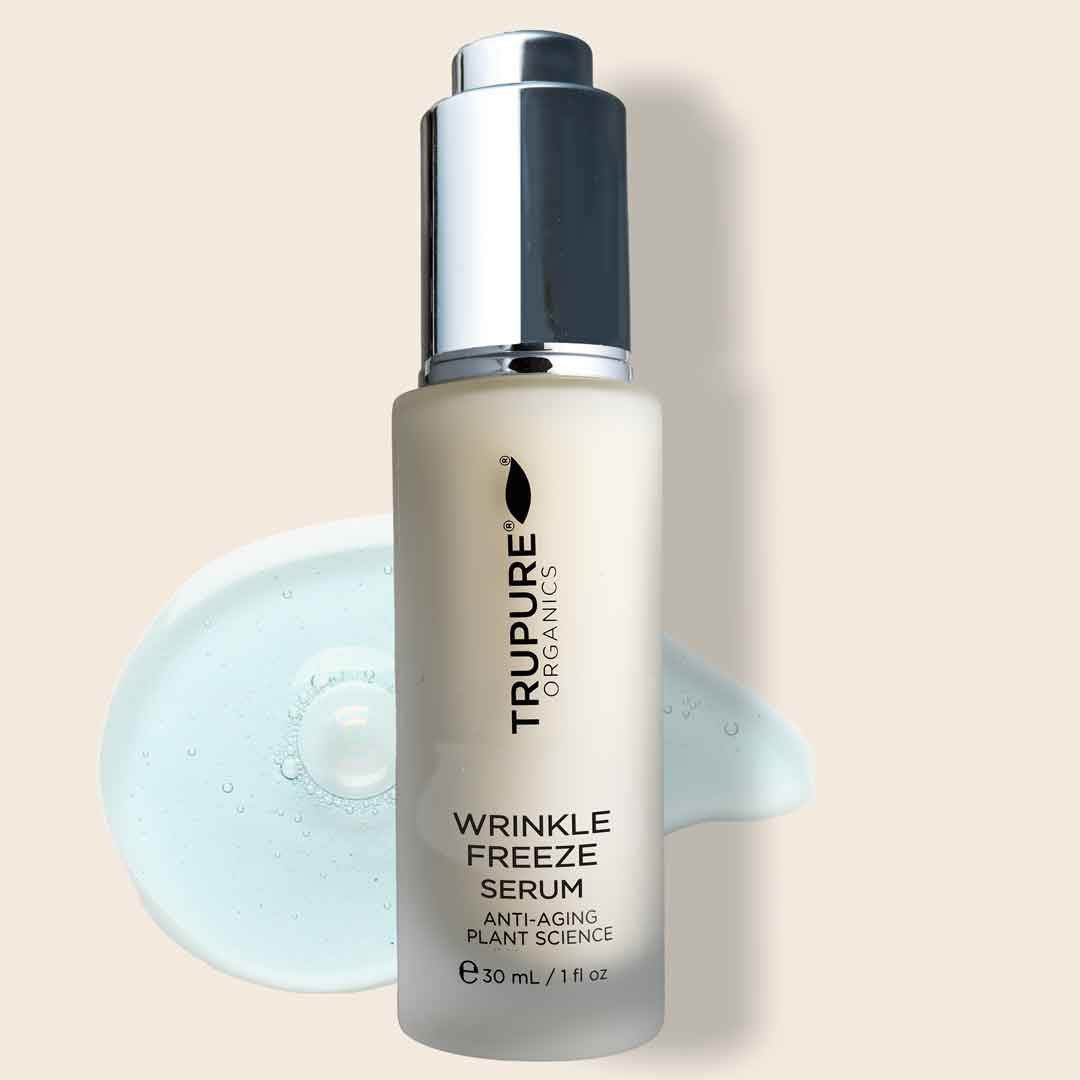 Wrinkle Freeze Serum bottle on a pastel background